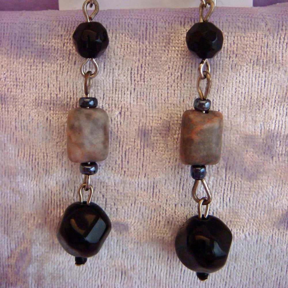 Pink Zebra Stone and Black Beads Earrings